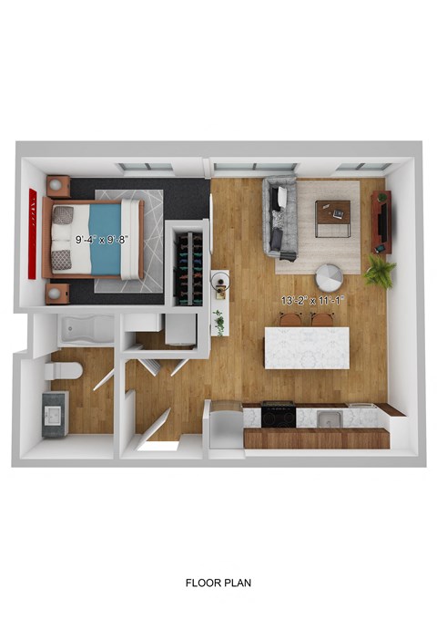 Floor plan for 1 bed, 1 bath, 518 sqft